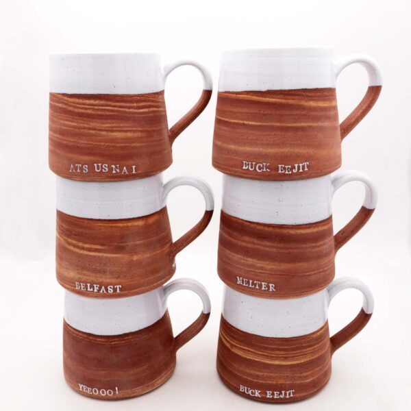mud ireland, brick, clay, ceramics, irish, irish inspiration, pottery, belfast sink, red brick, culture, funny sayings, northern irish sayings, northern ireland, mugs